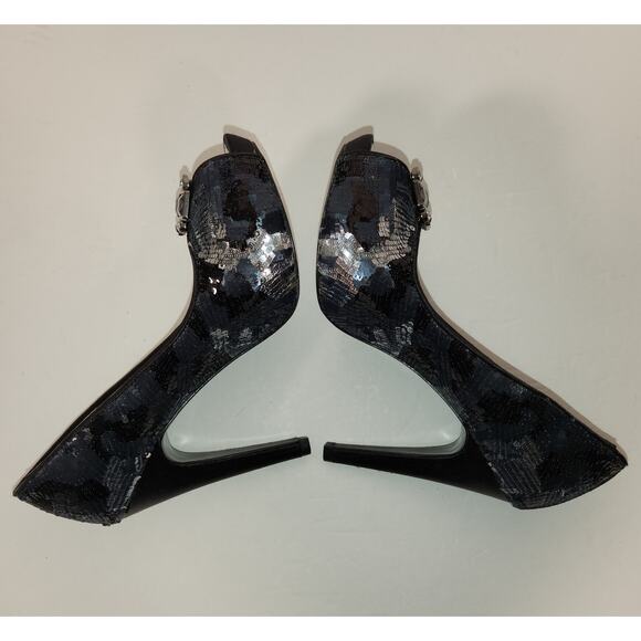 NINA NEW YORK Evan Heel Womens 8M Black Silver Sequins Satin Platform Peep Toe - Picture 8 of 11